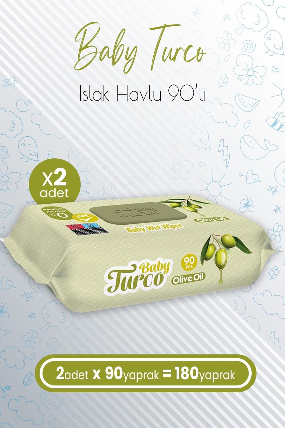 Baby Turco Bebek Islak Havlu Olive Oil 90' lı x 2 Adet (180 Yaprak)