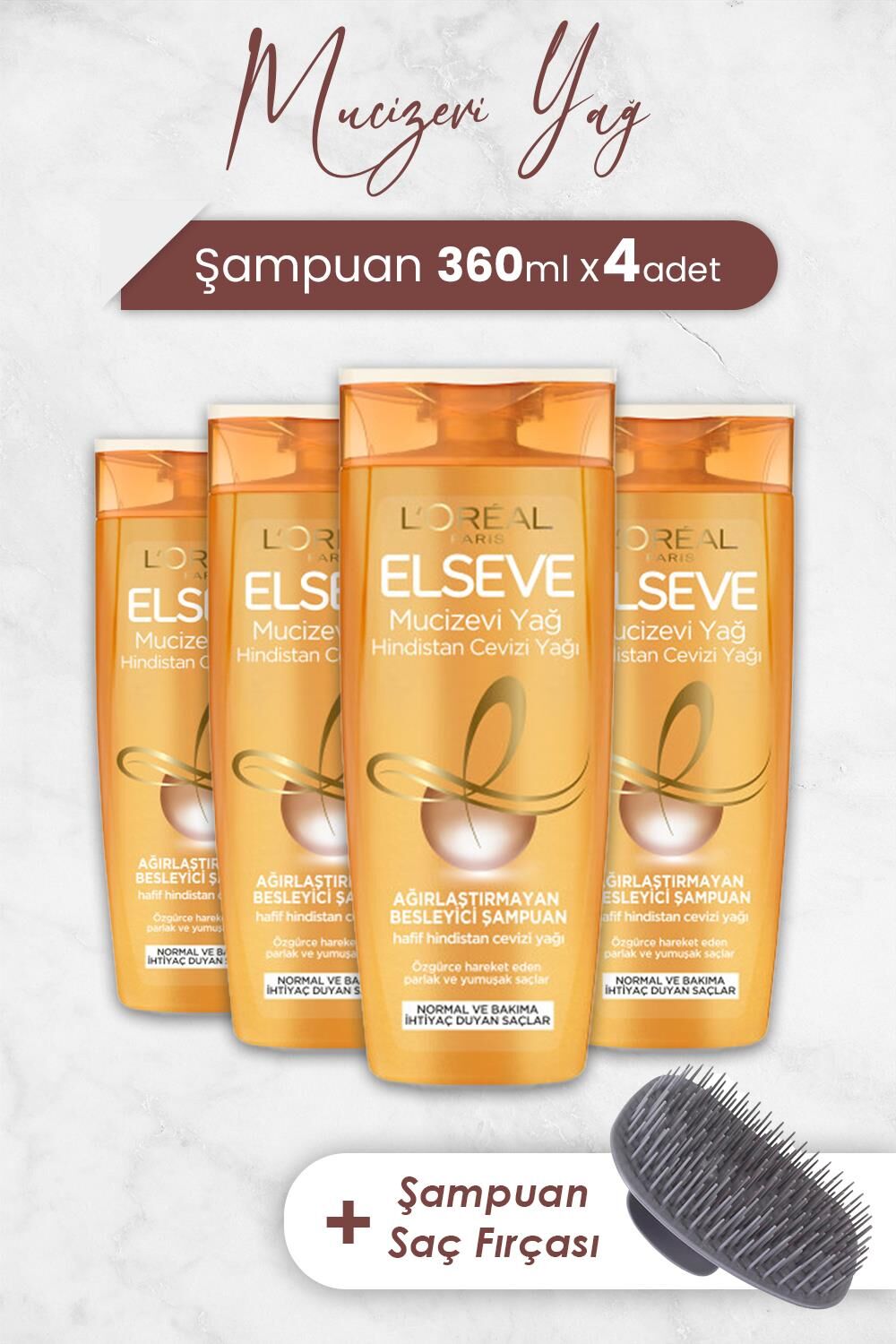 Elseve Mucizevi Yağ Besleyici Şampuan Hindistan Cevizi 360 ml x 4 Adet ve Şampuan Fırçası