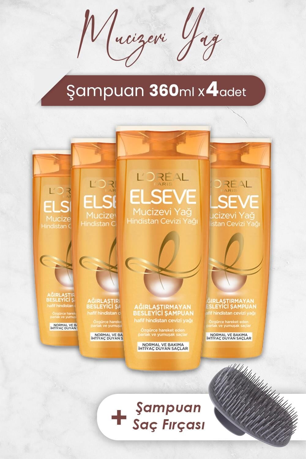 Elseve Mucizevi Yağ Besleyici Şampuan Hindistan Cevizi 360 ml x 4 Adet ve Şampuan Fırçası