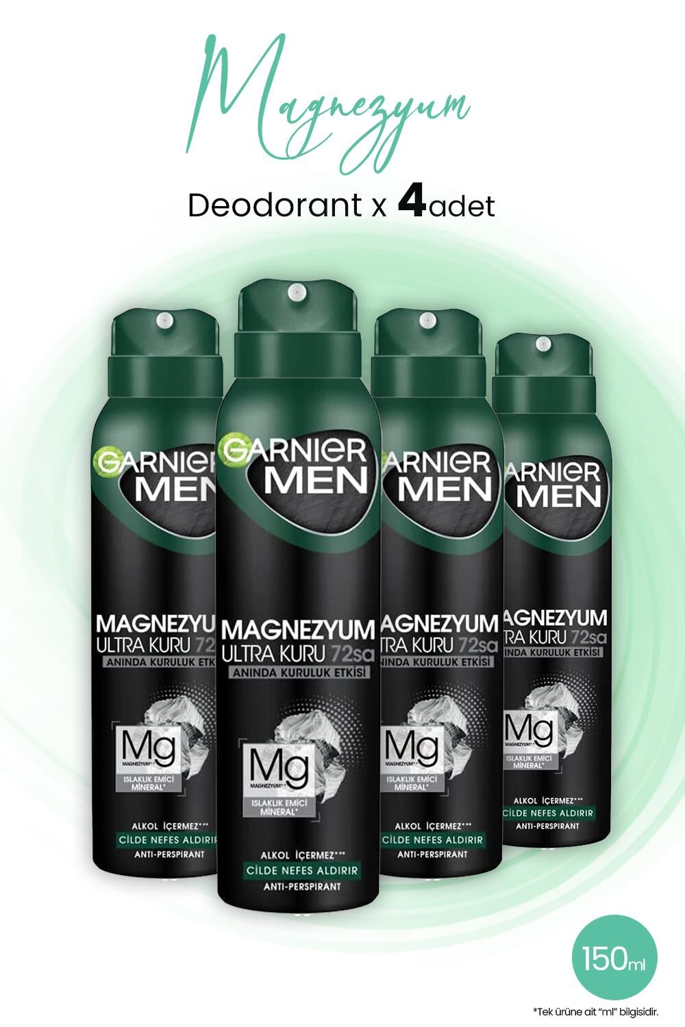 Garnier Men Magnezyum Ultra Kuru 72 Saat Sprey Deodorant 150 ML x 4 Adet