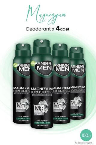 Garnier Men Magnezyum Ultra Kuru 72 Saat Sprey Deodorant 150 ML x 4 Adet