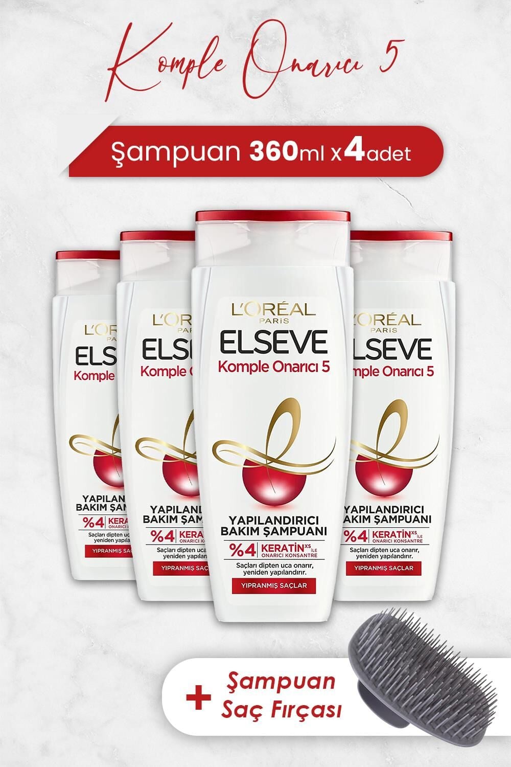 Elseve Komple Onarıcı 5 Yapılandırıcı Şampuan 360 ml x 4 Adet ve Şampuan Fırçası