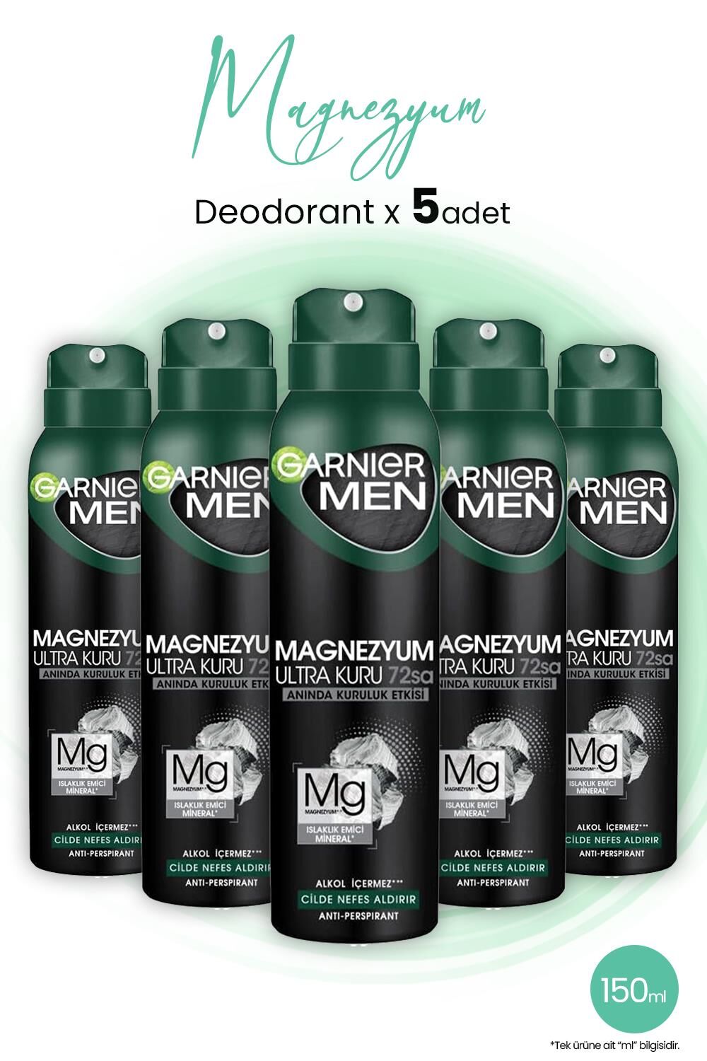 Garnier Men Magnezyum Ultra Kuru 72 Saat Sprey Deodorant 150 ML x 5 Adet