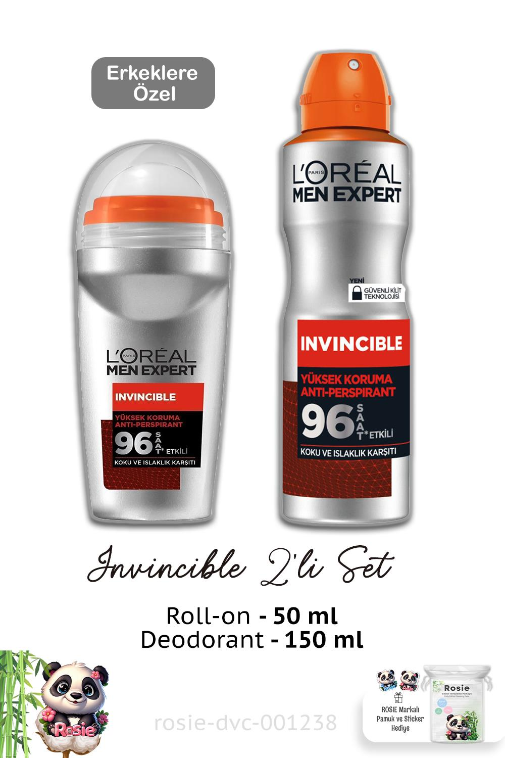Loreal Paris Men Expert Invincible Roll-On 50 ml, Deodorant 150 ml ve ROSIE
