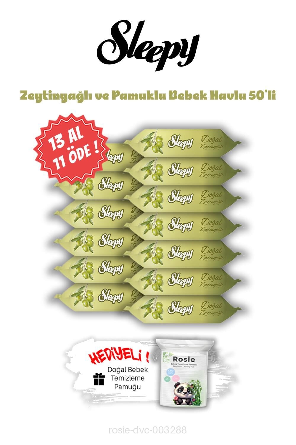 Sleepy Zeytinyağlı ve Pamuklu 13 AL 11 ÖDE Islak Bebek Mendil 50'li ve ROSIE
