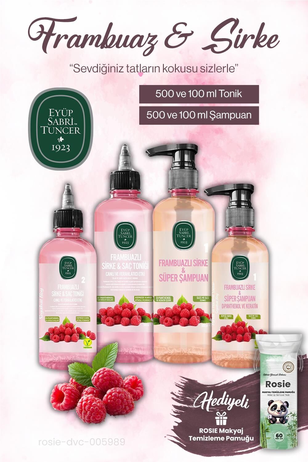 Eyüp Sabri Tuncer 500 ml ve 100 ml Sirke Frambuaz Tonik ve Şampuan, ROSIE makyaj pamuğu