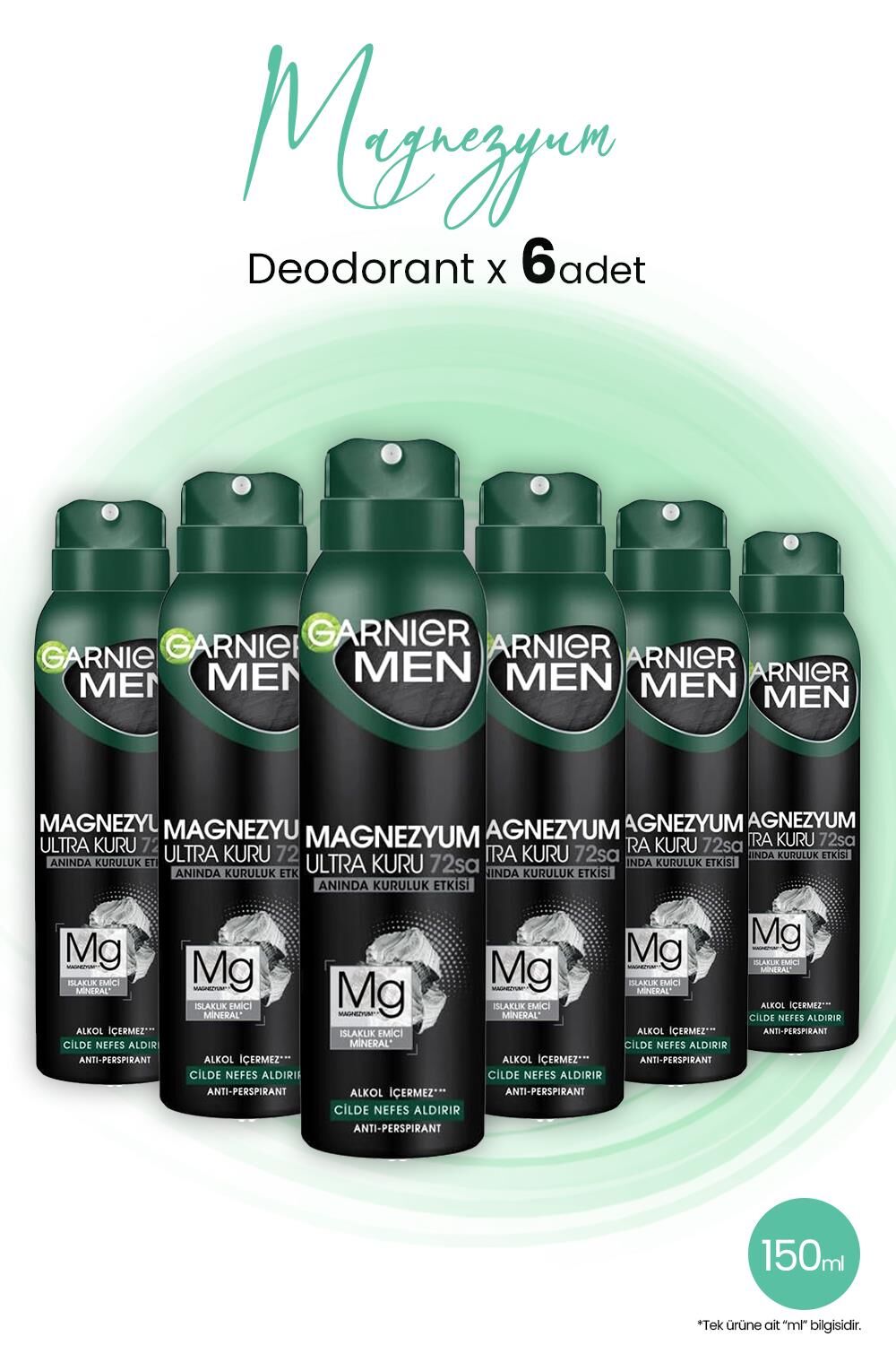 Garnier Men Magnezyum Ultra Kuru 72 Saat Sprey Deodorant 150 ML x 6 Adet