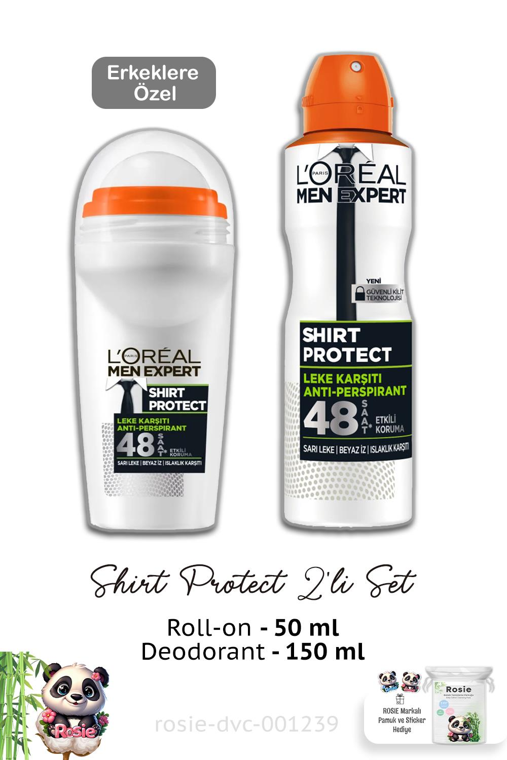 Loreal Paris Men Expert Shirt Protect Roll On 50 ml, Deodorant 150 ml ve ROSIE