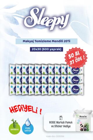 30 AL 27 ÖDE 20'li Sleepy Makyaj Temizleme Mendili ve Rosie Bebek pamuğu