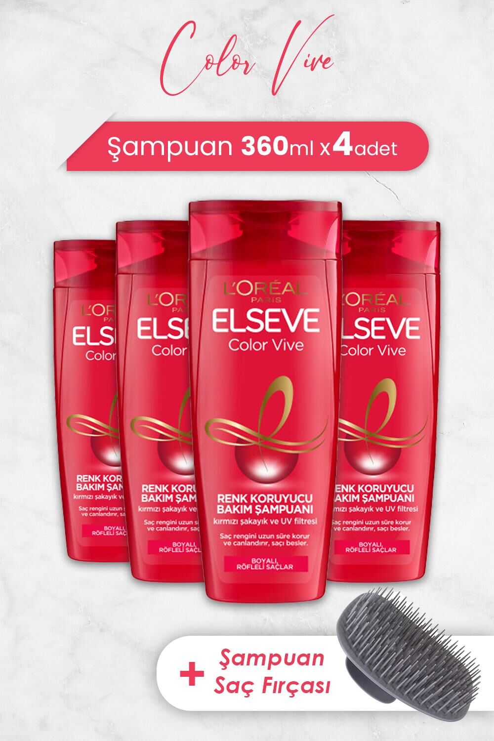 Elseve Color Vive Renk Koruyucu Şampuan 360 ml x 4 Adet ve Şampuan Fırçası