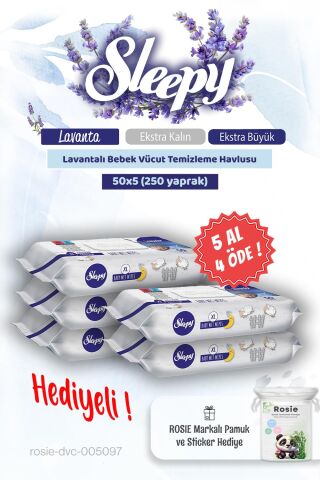 5 AL 4 ÖDE Lavantalı Bebek Vücut Temizleme Mendili 50'li ve Rosie pamuk