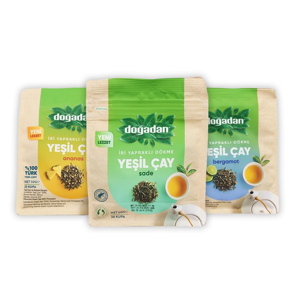 Doğadan Dökme Yeşil Çay Sade 60 gr, Ananas 50 gr ve Bergamot 50 gr