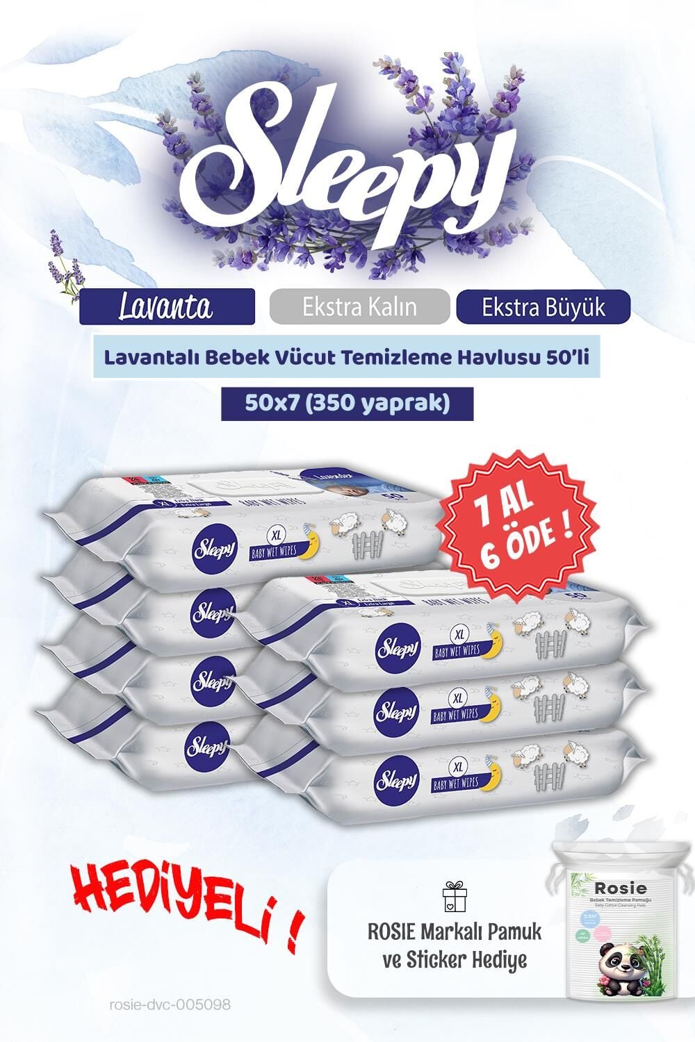 Sleepy 7 AL 6 ÖDE Lavantalı Bebek Vücut Temizleme Mendili 50'li ve Rosie pamuk