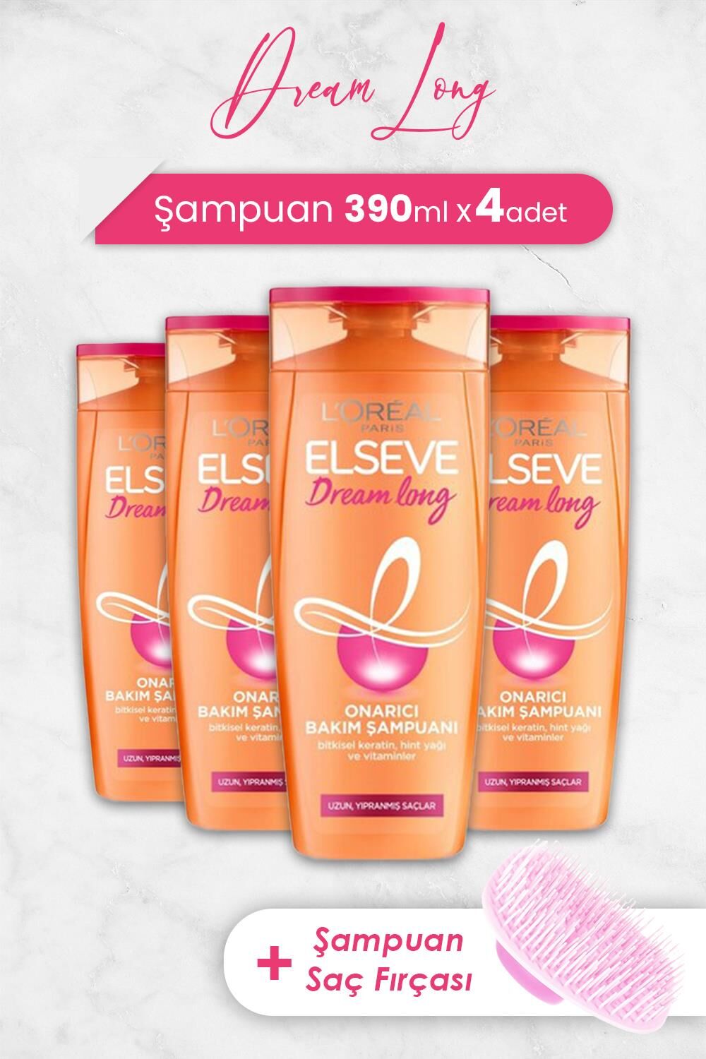 Elseve Dream Long Onarıcı Bakım Şampuanı 390 ml x 4 Adet ve Şampuan Fırçası