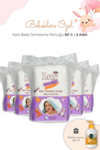 Lux Bebe Temizleme Pamuğu Kare 60' lı x 5 Adet ve Bebek Losyonu