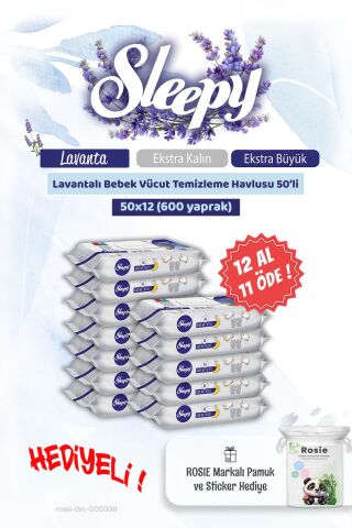 Sleepy 12 AL 11 ÖDE Lavantalı Bebek Vücut Temizleme Mendili 50'li  ve Rosie pamuk