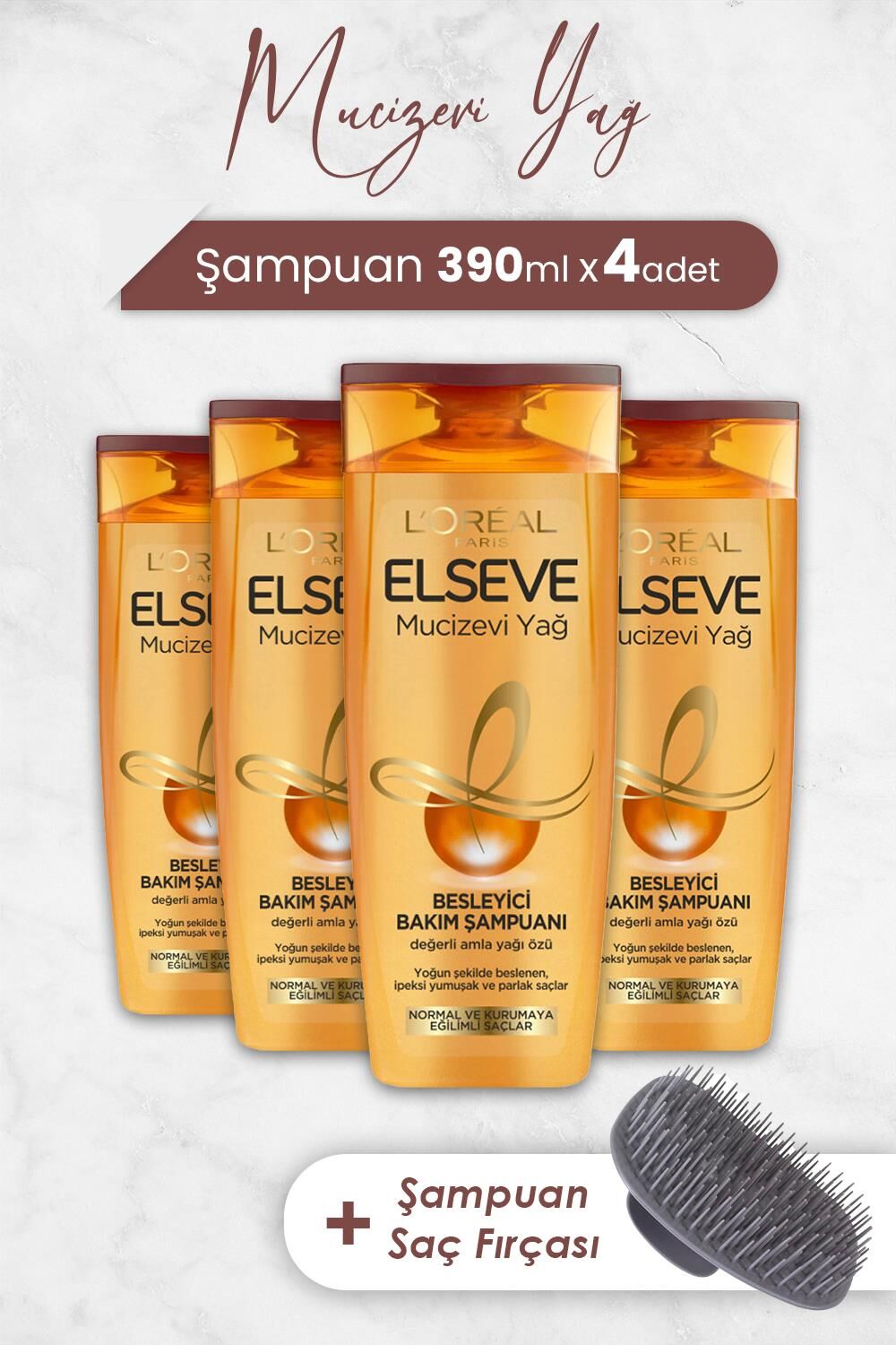 Elseve Mucizevi Yağ Besleyici Bakım Şampuanı Amla Yağı 390 ml x 4 Adet ve Şampuan Fırçası