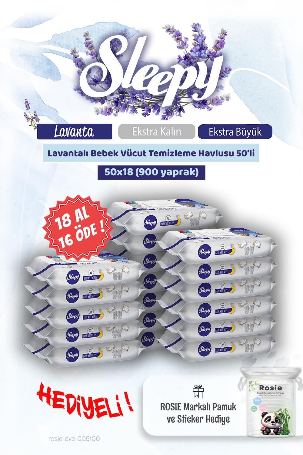 Sleepy 18 AL 16 ÖDE Lavantalı Bebek Vücut Temizleme Mendili 50'li ve Rosie Pamuk