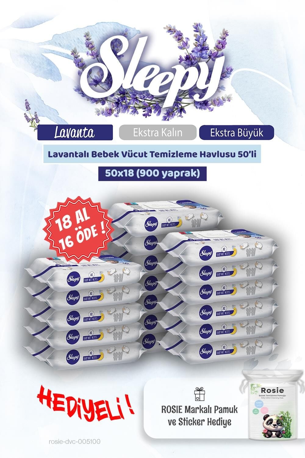 Sleepy 18 AL 16 ÖDE Lavantalı Bebek Vücut Temizleme Mendili 50'li ve Rosie Pamuk