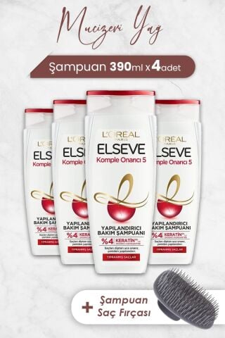 Elseve Komple Onarıcı 5 Yapılandırıcı Şampuan 390 ml x 4 Adet ve Şampuan Fırçası