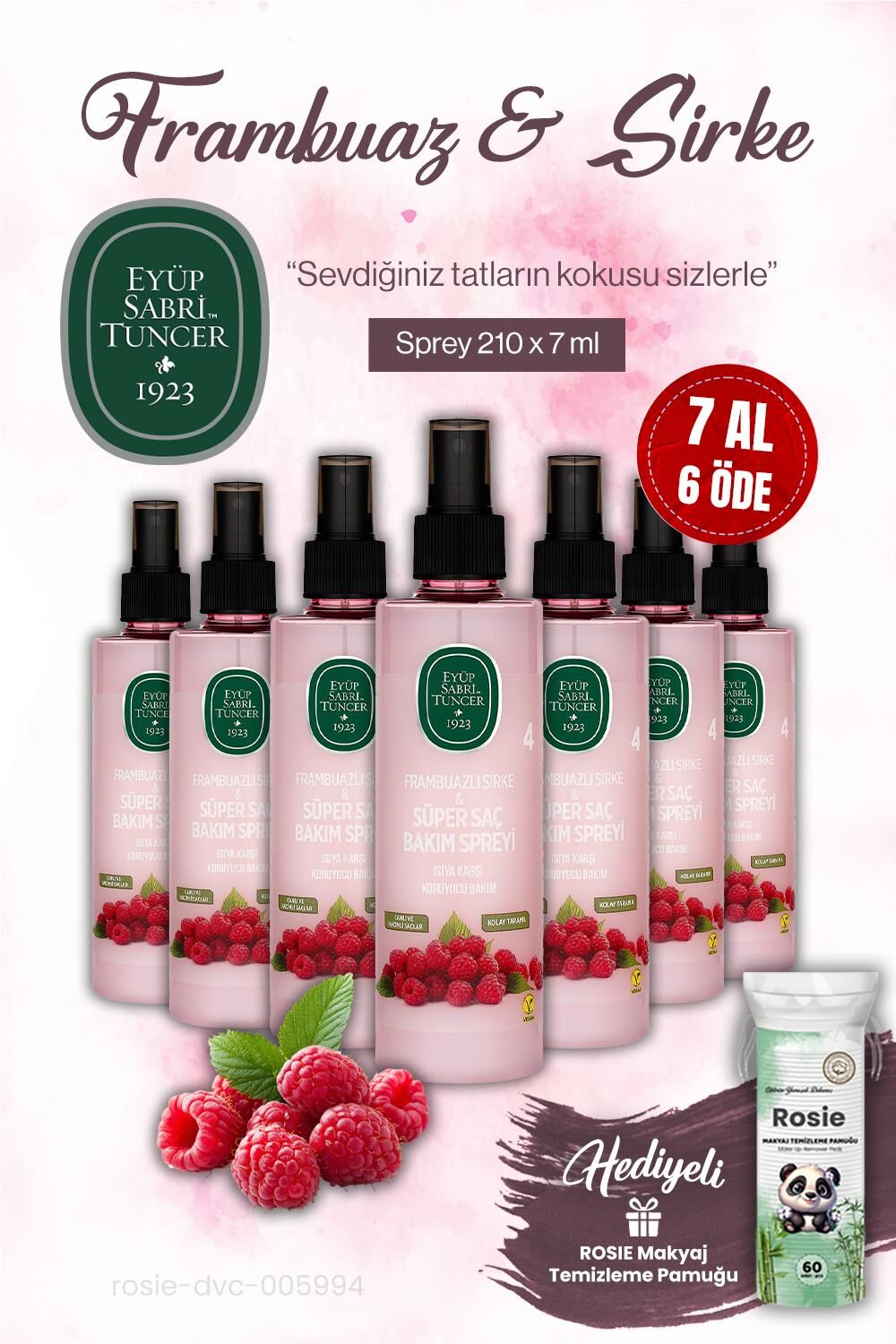 7 AL 6 ÖDE Eyüp Sabri Tuncer 210 ml Sirke Frambuaz Sprey ve ROSIE makyaj pamuğu