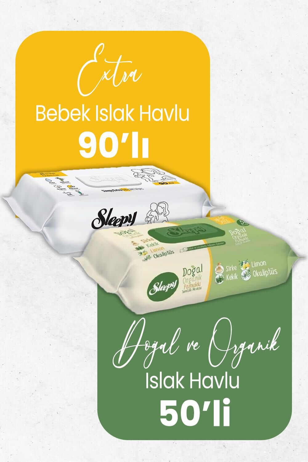 Sleepy Extra Islak Bebek Havlusu 90' lı ve Doğal Organik Islak Mendil 50' li