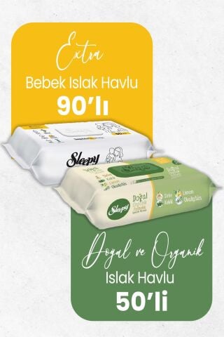 Sleepy Extra Islak Bebek Havlusu 90' lı ve Doğal Organik Islak Mendil 50' li