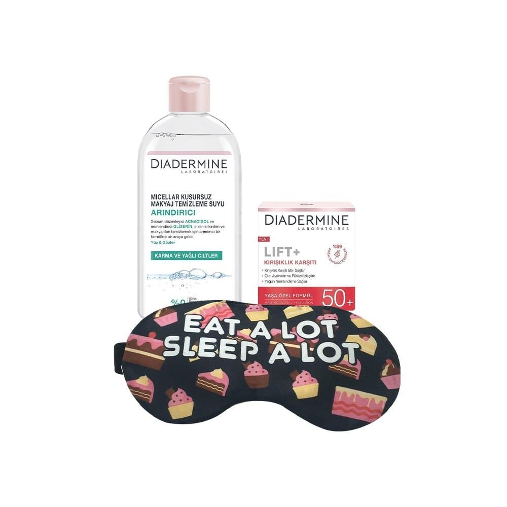 DIADERMINE Micellar Makyaj Temizleme Suyu 400 ml, Kırışıklık Karşıtı Krem ve Uyku Bandı Hediyeli