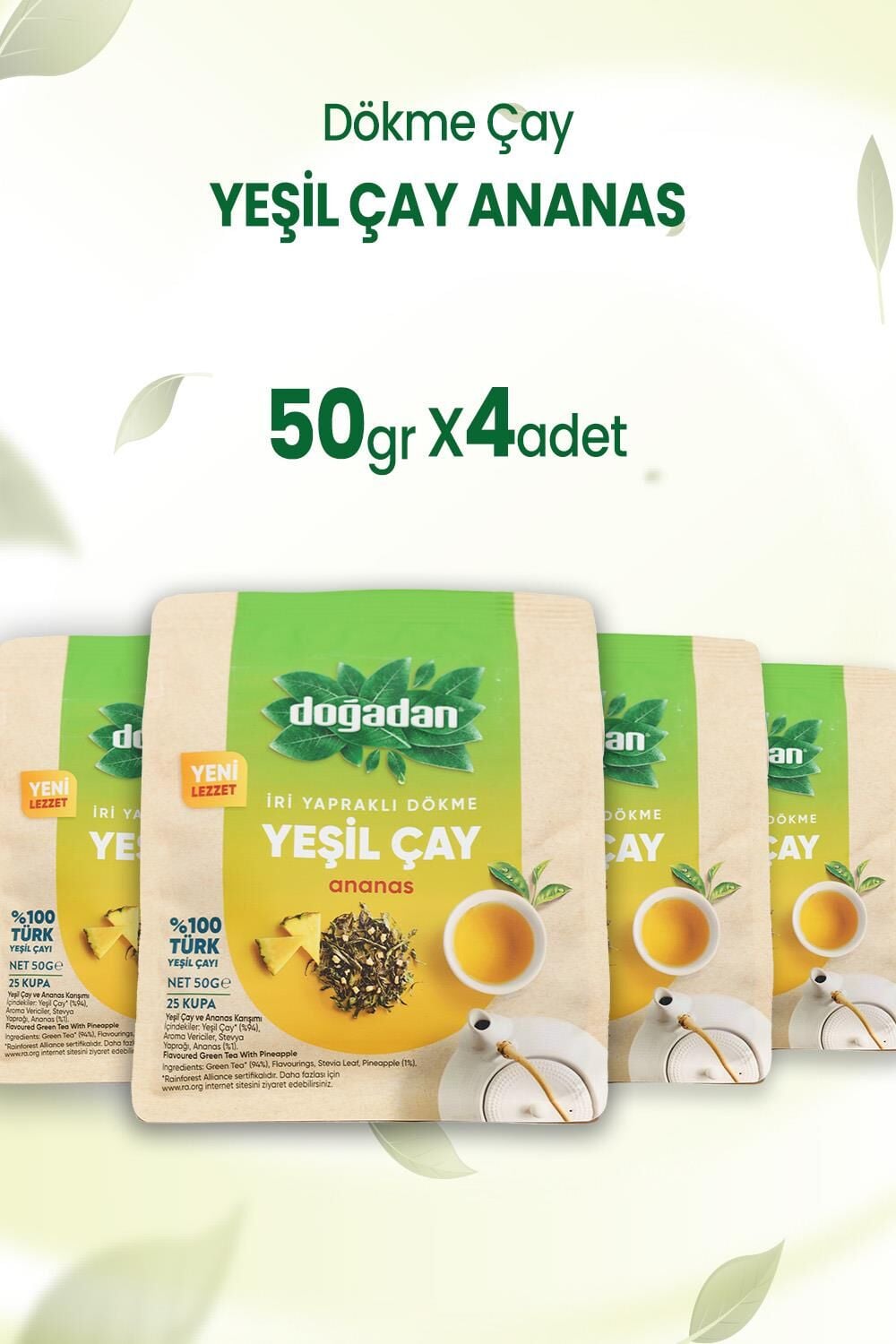 Doğadan Dökme Yeşil Çay Ananas 50 gr x 4 Ade