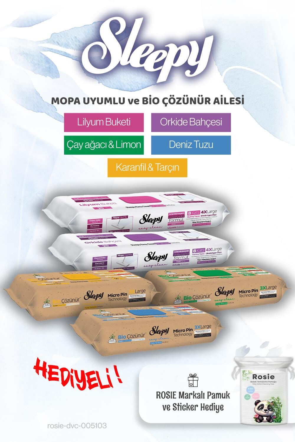 Sleepy Easy Clean Mopa Uyumlu ve Bio Çözünür ailesi 5'li Islak Mendil Paketi ve ROSIE hediye