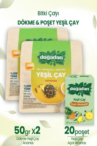 Doğadan Dökme Yeşil Çay Ananas 50 gr x 2 Adet ve Yeşil Çay Açai Ananaslı Poşet Çay