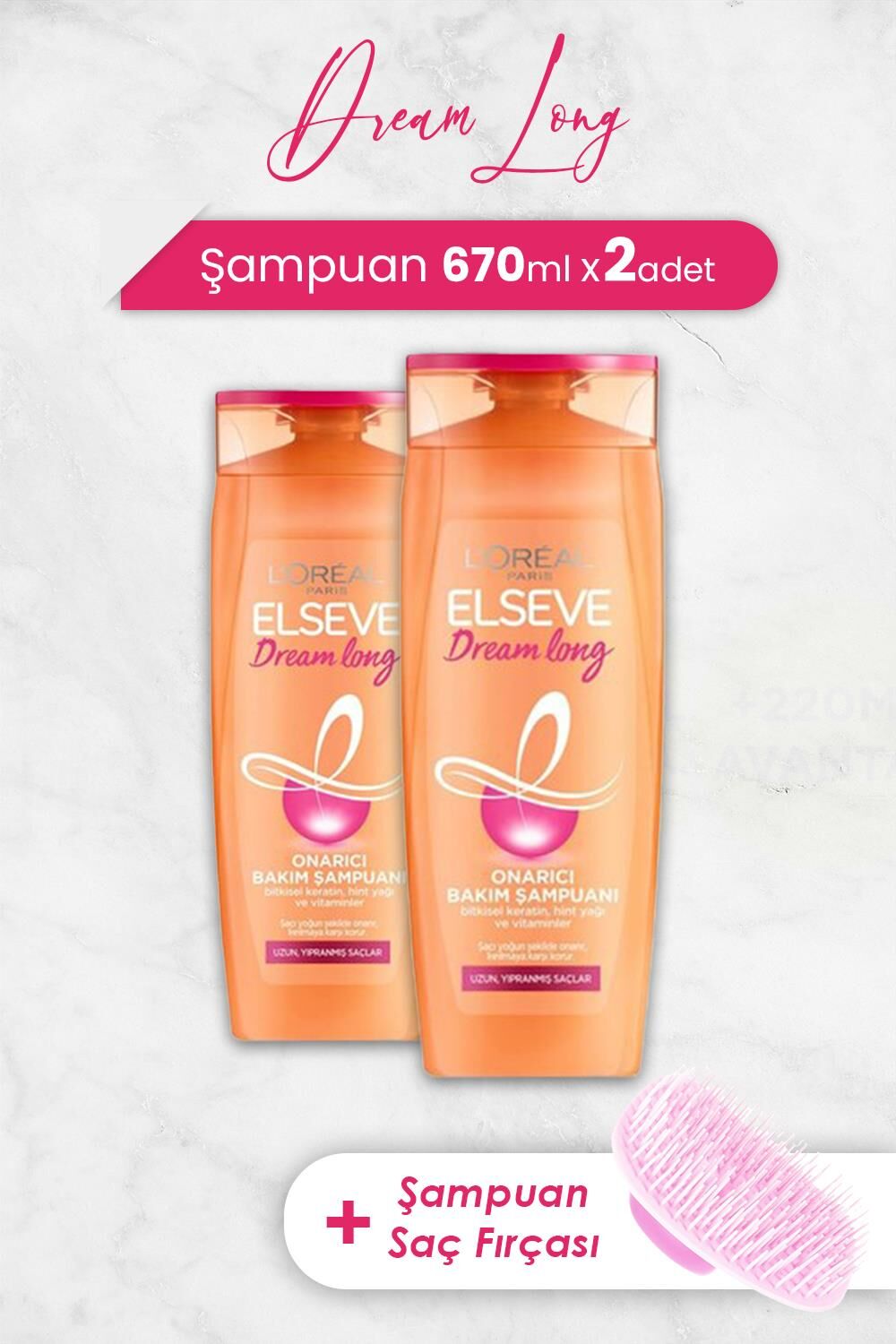 Elseve Dream Long Onarıcı Şampuan 670 ml x 2 Adet ve Şampuan Fırçası