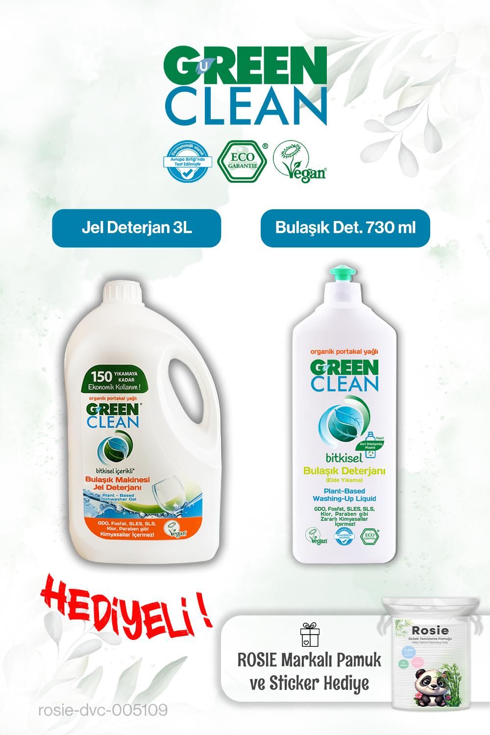 Green Clean 730 ml Elde Yıkama Bulaşık det., Bulaşık Mak. Jel Deterjan 3L ve Rosie pamuk hediye
