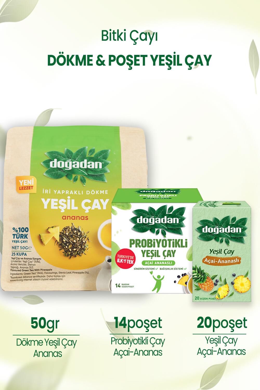 Doğadan Dökme Yeşil Çay Ananas 50 gr & Açai Ananaslı Bardak Poşet Çay & Probiyotikli Yeşil Çay Açai Ananaslı 14'lü