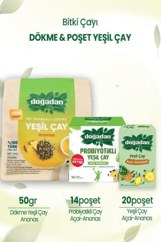 Doğadan Dökme Yeşil Çay Ananas 50 gr & Açai Ananaslı Bardak Poşet Çay & Probiyotikli Yeşil Çay Açai Ananaslı 14'lü