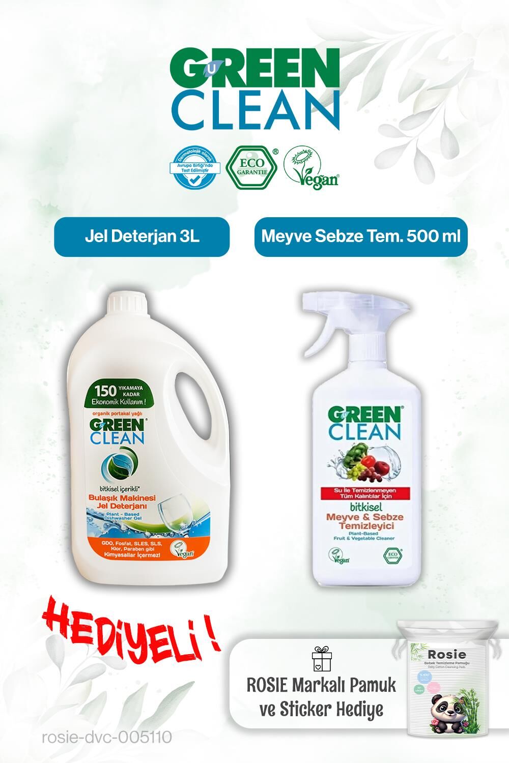 Green Clean 500 ml Meyve Sebze Tem., Bulaşık Mak. Jel Deterjan 3L ve Rosie pamuk hediye