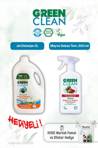 Green Clean 500 ml Meyve Sebze Tem., Bulaşık Mak. Jel Deterjan 3L ve Rosie pamuk hediye