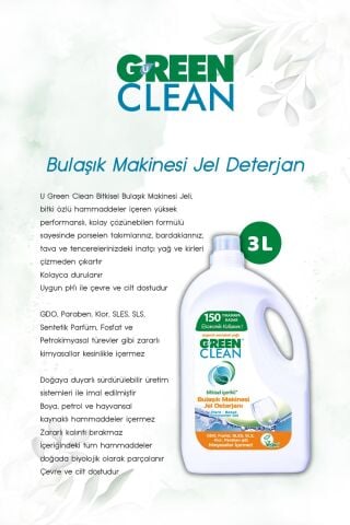 Green Clean 500 ml Meyve Sebze Tem., Bulaşık Mak. Jel Deterjan 3L ve Rosie pamuk hediye