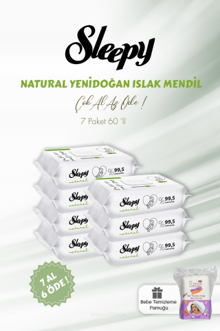 Sleepy Natural Yenidoğan Islak Bebek Havlusu 7 AL 6 ÖDE 60'lı ve Bebe Pamuğu