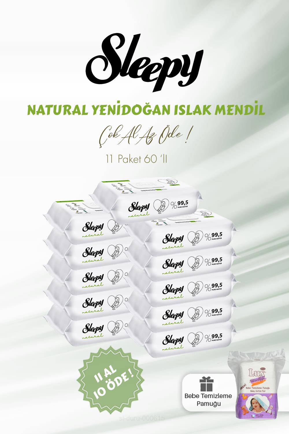Sleepy Natural Yenidoğan Islak Bebek Havlusu 60'lı 11 AL 10 ÖDE ve Bebe Pamuğu