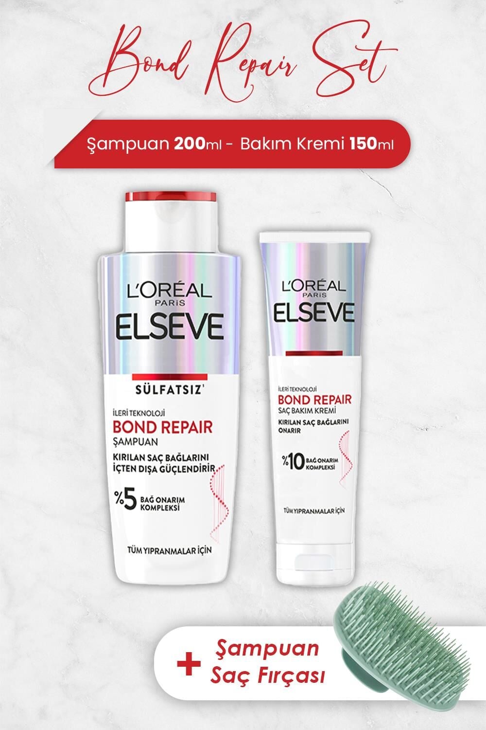 Elseve Bond Repair Şampuan 200 ml, Bakım Kremi 150 ml ve Şampuan Fırçası