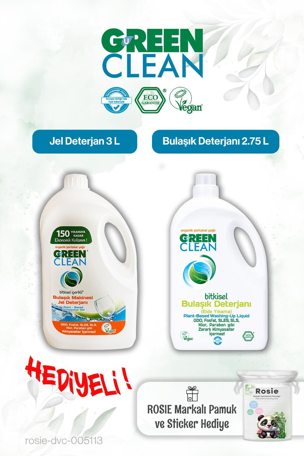 Green Clean 2.75 L Bulaşık Deterjanı, Bulaşık Mak. Jel Deterjan 3L ve Rosie pamuk hediye