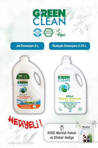 Green Clean 2.75 L Bulaşık Deterjanı, Bulaşık Mak. Jel Deterjan 3L ve Rosie pamuk hediye