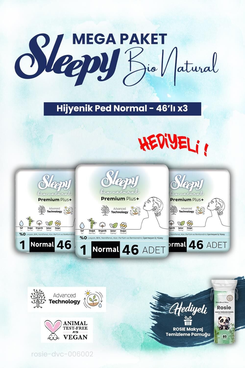 Sleepy 3'lü Bio Natural Hijyenik Ped Mega Paket Normal 46'lı ve ROSIE makyaj pamuk