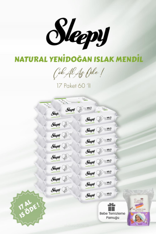 Sleepy Natural Yenidoğan Islak Bebek Havlusu 17 AL 15 ÖDE 60'lı ve Bebek Pamuğu