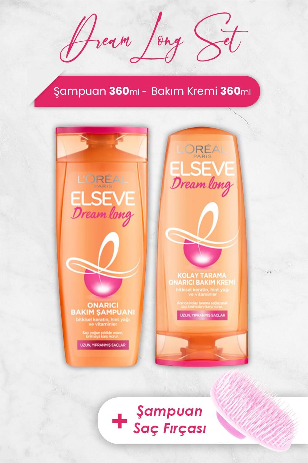 Elseve Dream Long Onarıcı Şampuan 360 ml, Bakım Kremi 360ml ve Şampuan Fırçası