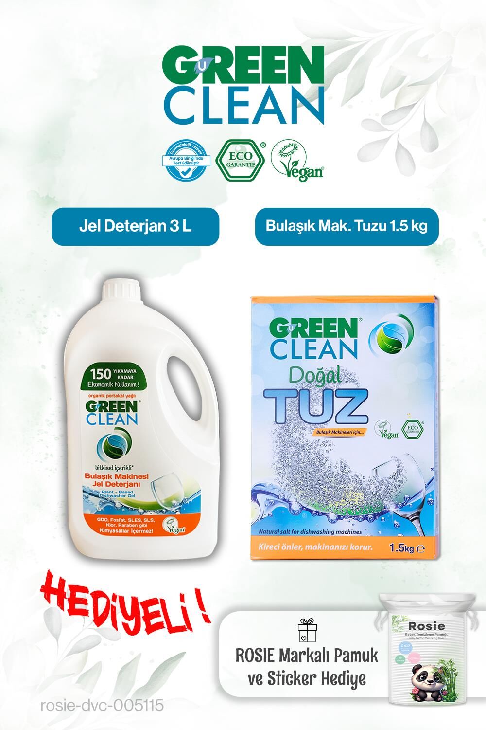 Green Clean Bulaşık Mak.Tuzu 1.5 Kg, Bulaşık Mak. Jel Deterjan 3L ve Rosie pamuk hediye