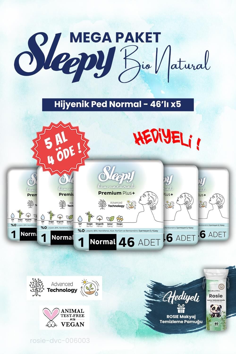 Sleepy Mega Paket Bio 5 AL 4 ÖDE Hijyenik ped 46'lı Normal ve ROSIE makyaj pamuğu