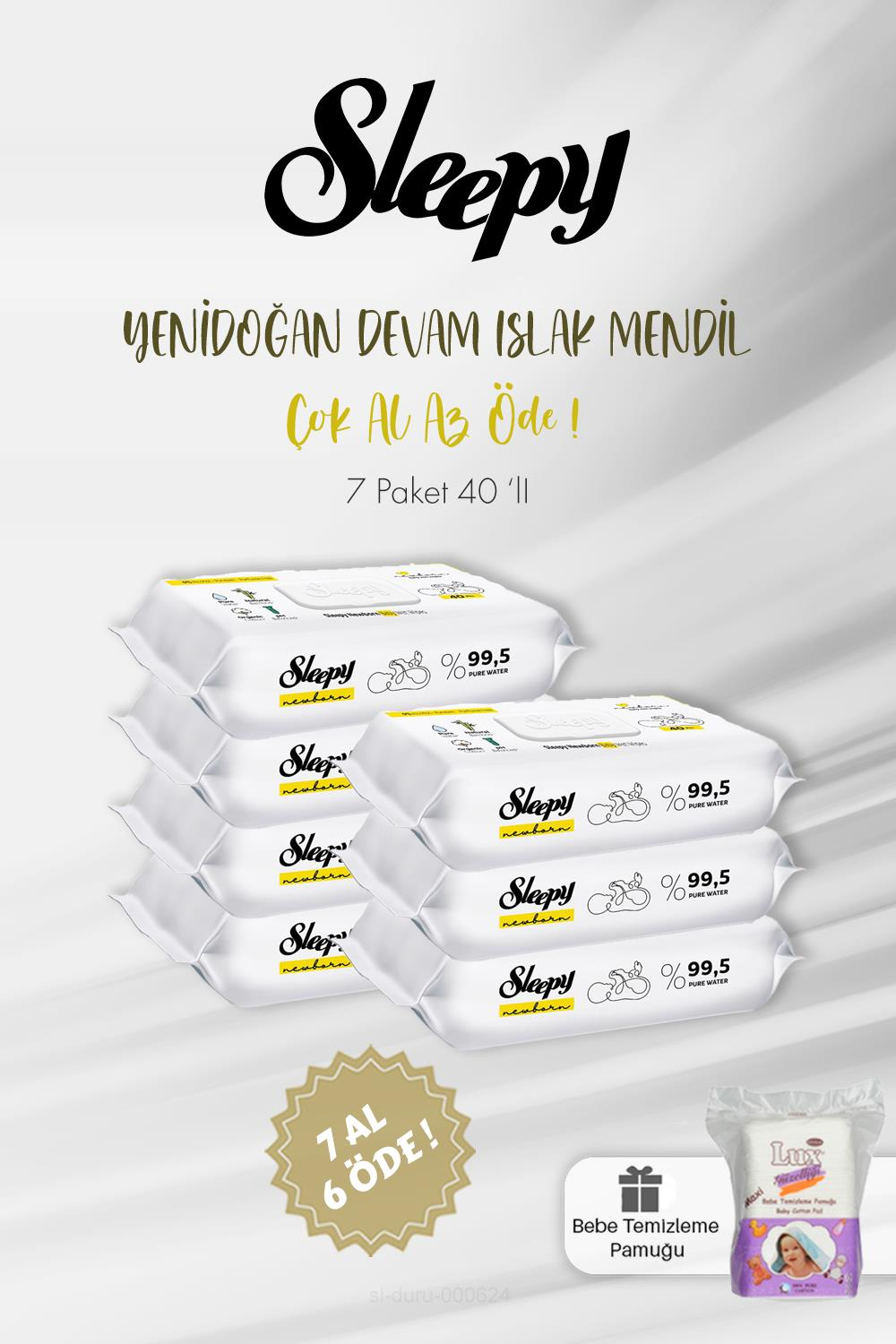 Sleepy Yenidoğan Devam Islak Bebek Havlusu 40'lı 7 AL 6 ÖDE ve 60'lı Bebe Pamuğu