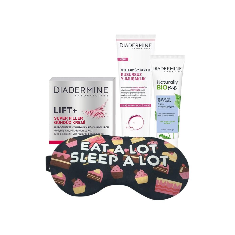 Diadermine Yüz Yıkama Jeli, Gündüz Kremi, Gece Kremi ve Uyku Bandı Hediyeli